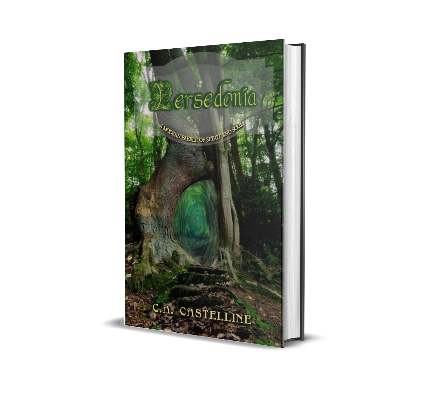 picture of the book cover. A lush green forest with a portal in a tree in the foreground.